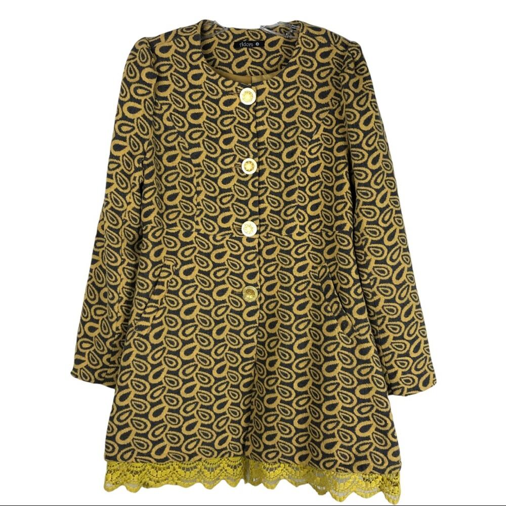 Adorn yellow grey mod retro lace A-line midi cottagecore jacket small